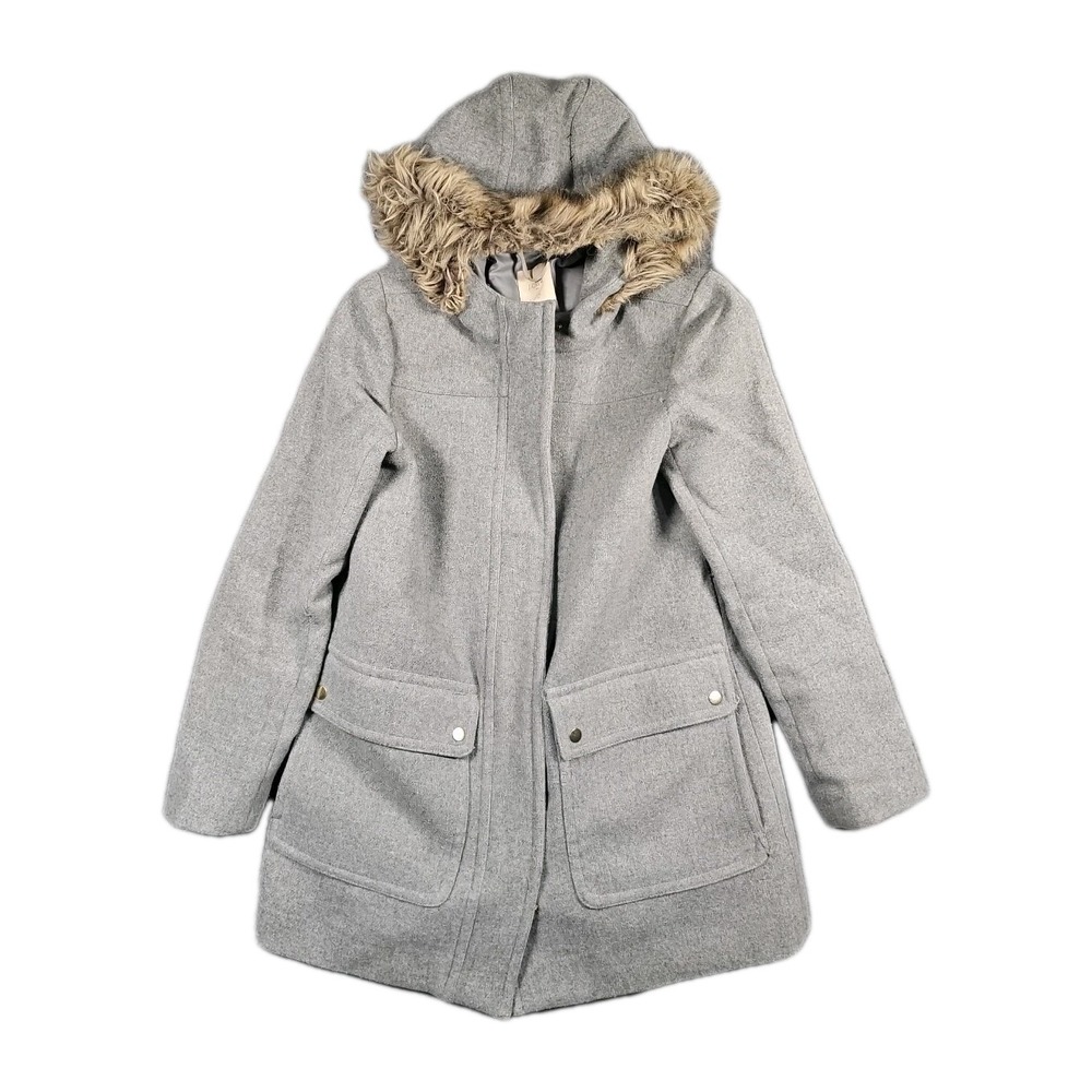 J.Crew Vail Faux Fur Trim Hooded Wool Blend Coat Womens 6 Grey‎ E3931